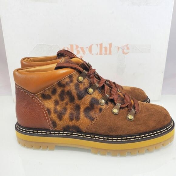 NWT$525 SEE BY CHLOE Eileen Leopard Suede Leather Lace-up Boots Sz 37 (US 6) - Picture 7 of 16